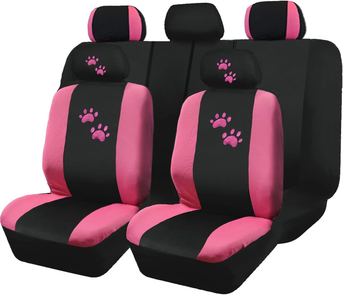 Universal Fit Car Seat Covers - Premium Black Flat Cloth with Stylish Cute Embroidery Animal Dog Cat Pink Paws Design Full Set for Women Support 50/50 & 60/40 Split Rear Seats