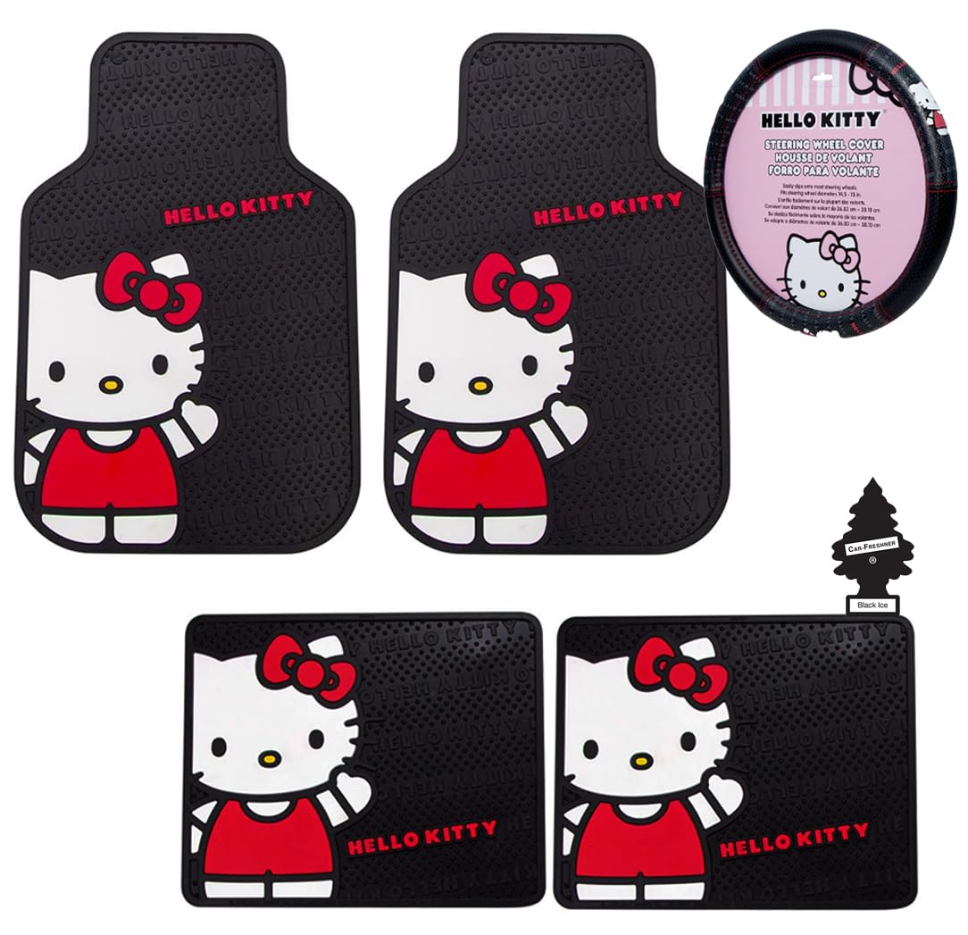 Hello Kitty Core Design Hot Pink Sanrio Front & Rear Car Truck SUV Seat Rubber Floor Mats and Steering Wheel Cover Bundle Set -6 PC