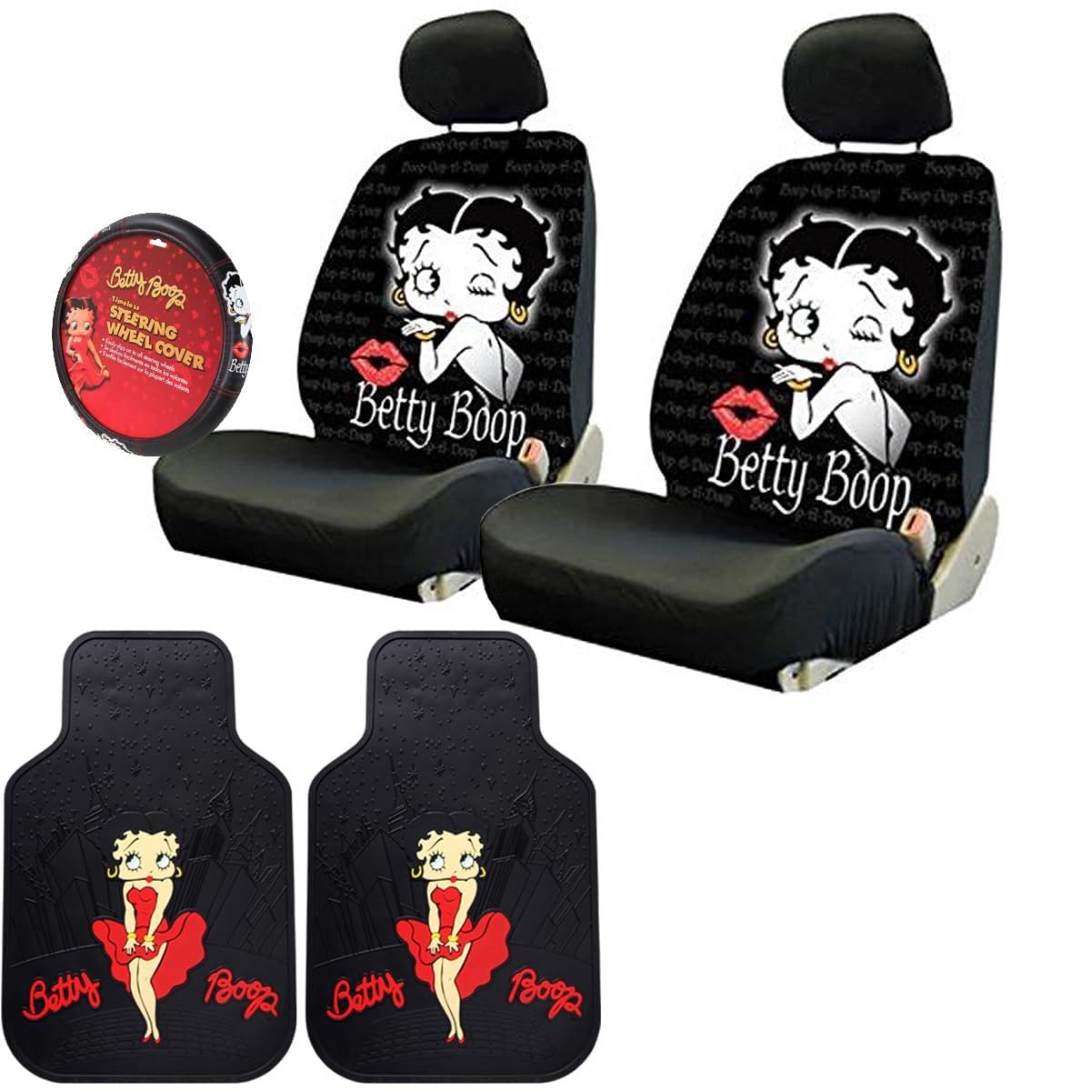 New Platicolors Betty Boop Car Accessories Timeless Seat Covers, Front Rubber Mats, Steering Wheel Cover Stylish Protection for Cars SUVs Trucks & Vans