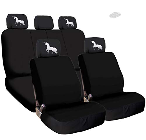 New Black Flat Cloth Universal Fit Car Seat Covers With Embroidery Logo Headrest Covers Support 60/40 Split Seats (Unicorn) - Yupbizauto