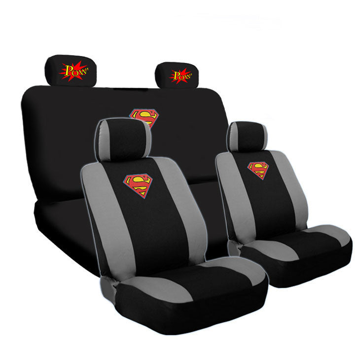 Deluxe Superman Car Seat Covers from BDK bundle with 2 Classic POW Logo Headrest Covers Bundled Gift Set Shipping Included - Yupbizauto