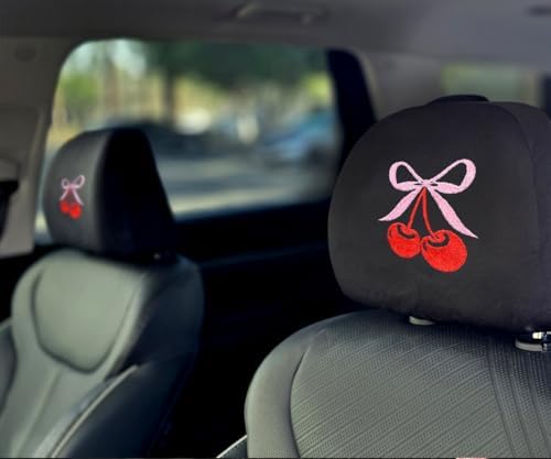 Coquette cherry bow embroidered headrest covers set of two