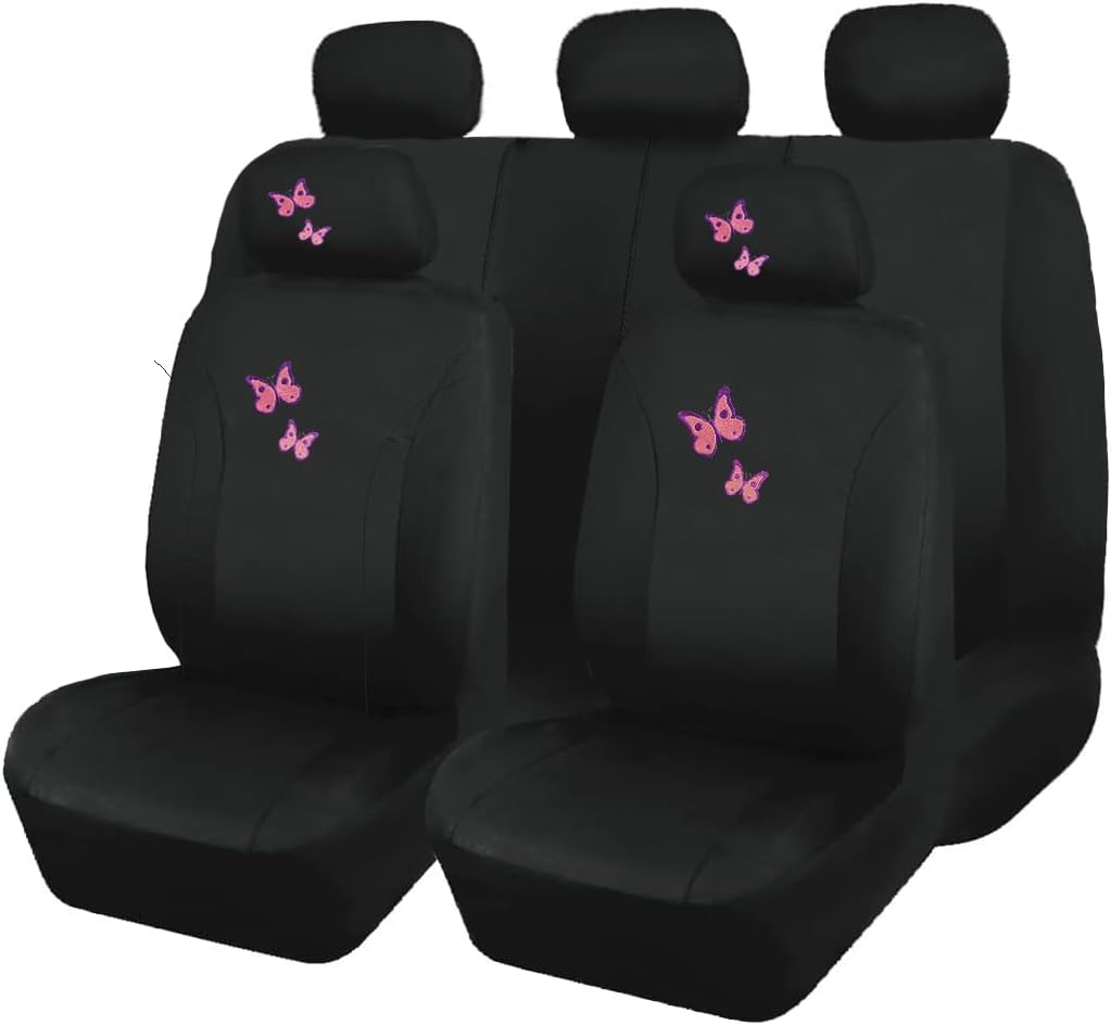 Universal Fit Car Seat Covers - Premium Black Flat Cloth with Stylish Cute Embroidery Butterfly Design, Front & Rear Set for 50/50 & 60/40 Split Rear Seats (Durable Protective Seat Cover) - Yupbizauto