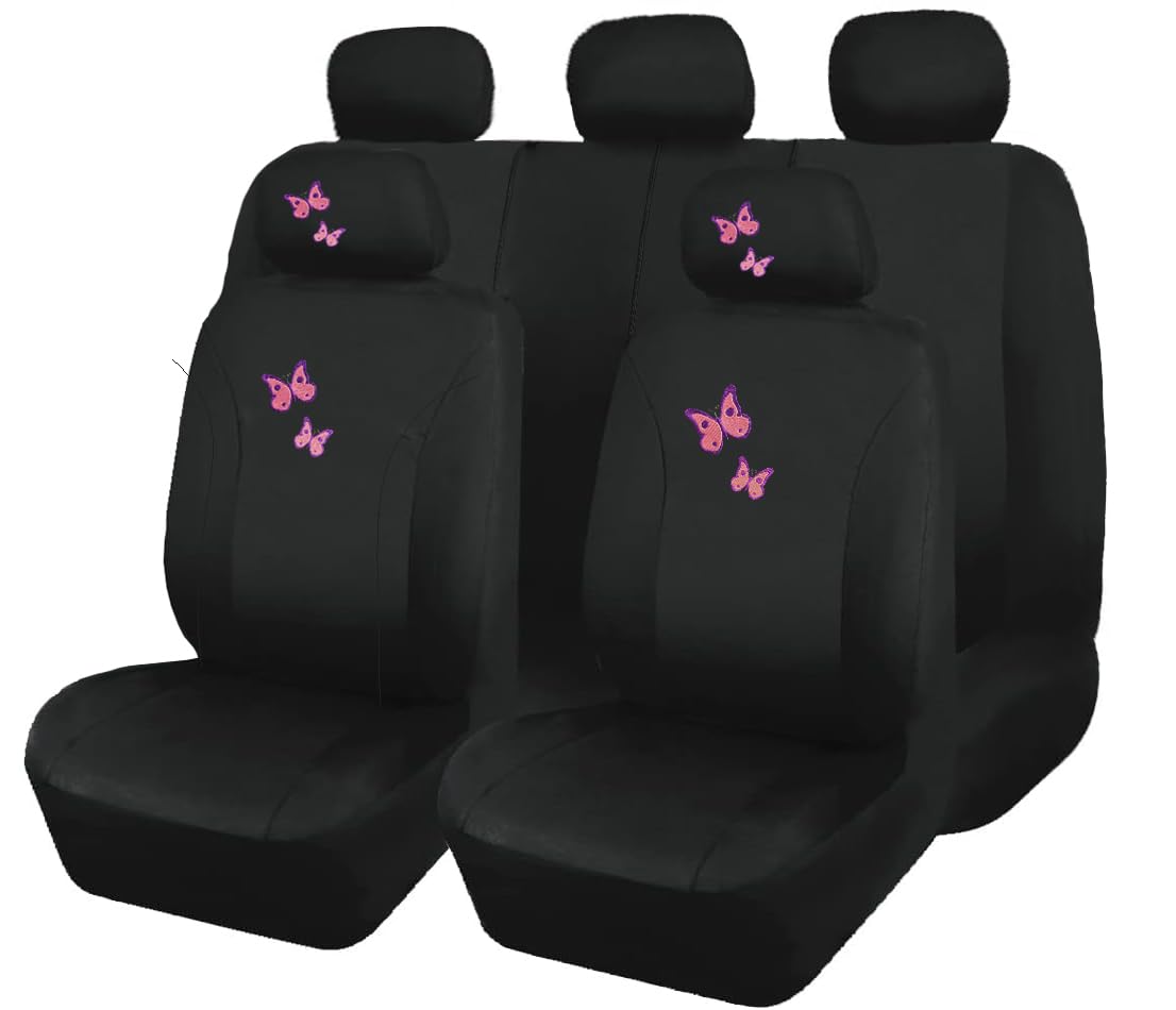 Universal Fit Car Seat Covers - Premium Black Flat Cloth with Stylish Cute Embroidery Butterfly Design, Front & Rear Set for 50/50 & 60/40 Split Rear Seats (Durable Protective Seat Cover) - Yupbizauto