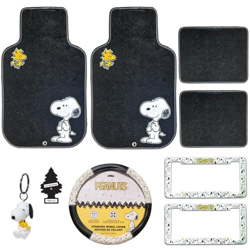 Peanuts Snoopy Expression 9-Piece Set with Floor Mats, Steering Wheel Cover and License Plate Frames