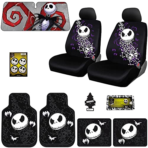 Yupbizauto 10 Pieces Bundle Nightmare Before Christmas Jack Skellington Bone Design Car Truck SUV Seat Covers Rubber Front and Rear Floor Mat Sunshade Air Fresheners Set - Yupbizauto