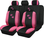 Universal Fit Car Seat Covers - Premium Black Flat Cloth with Stylish Cute Embroidery Animal Dog Cat Pink Paws Design Full Set for Women Support 50/50 & 60/40 Split Rear Seats - Yupbizauto