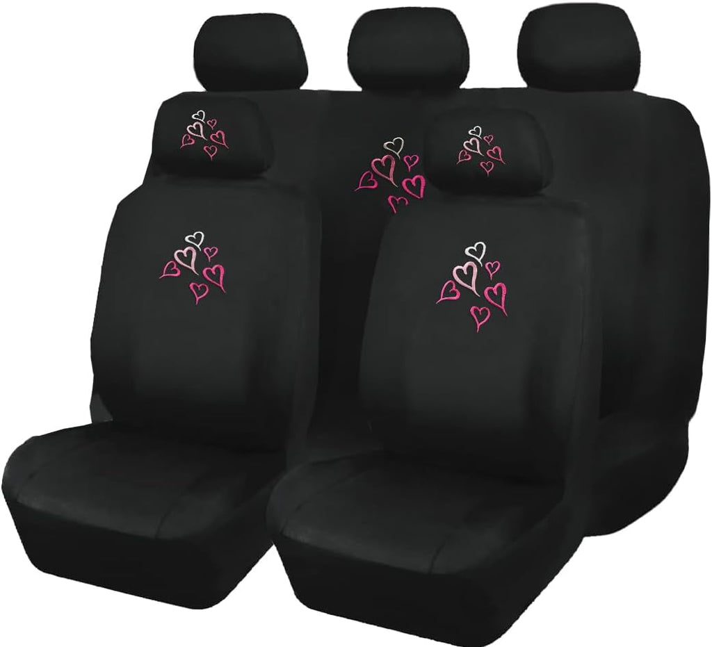 Universal Fit Car Seat Covers - Embroidered Love Multi Hearts Design, Premium Black Cloth Fabric, Front & Rear Split Bench Covers | Cute Stylish Car Accessories for Women