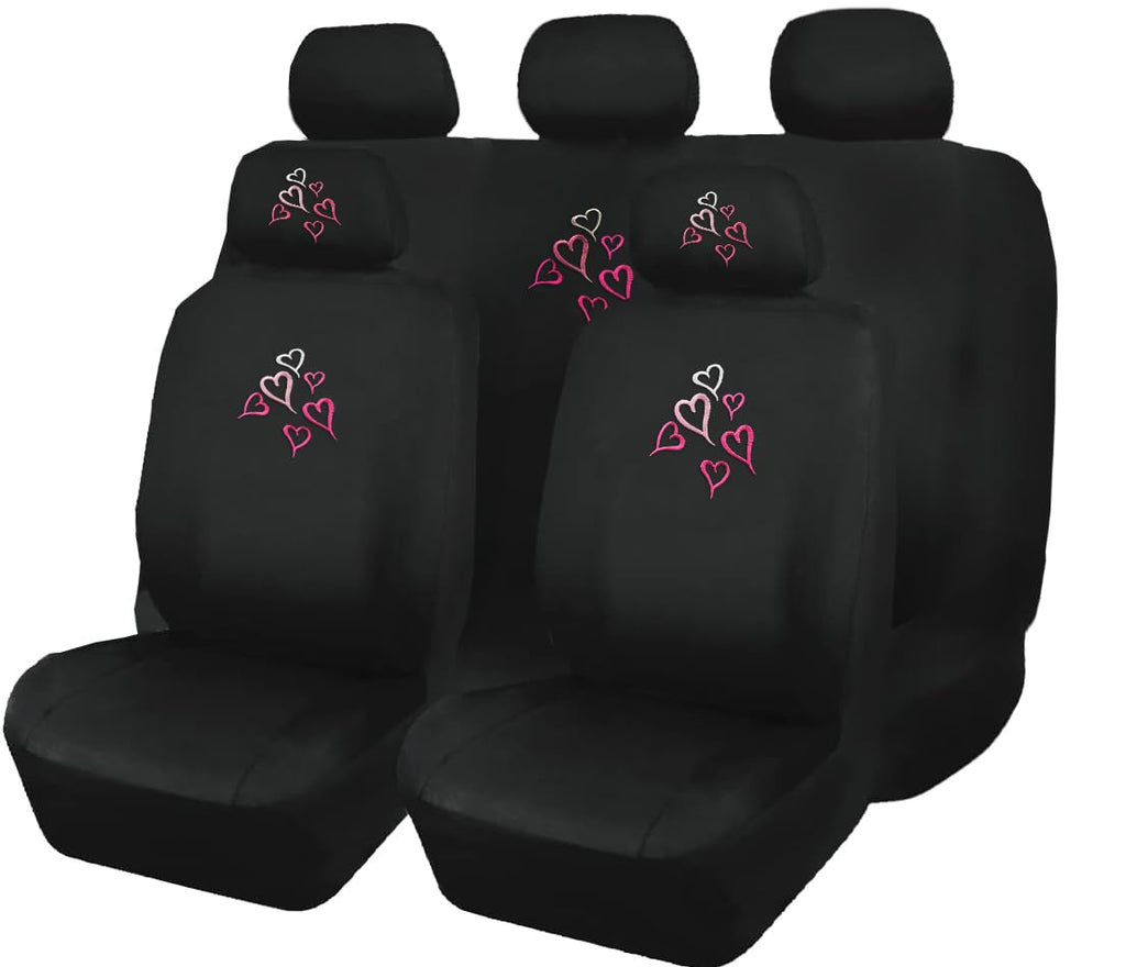 Universal Fit Car Seat Covers - Embroidered Love Multi Hearts Design, Premium Black Cloth Fabric, Front & Rear Split Bench Covers | Cute Stylish Car Accessories for Women