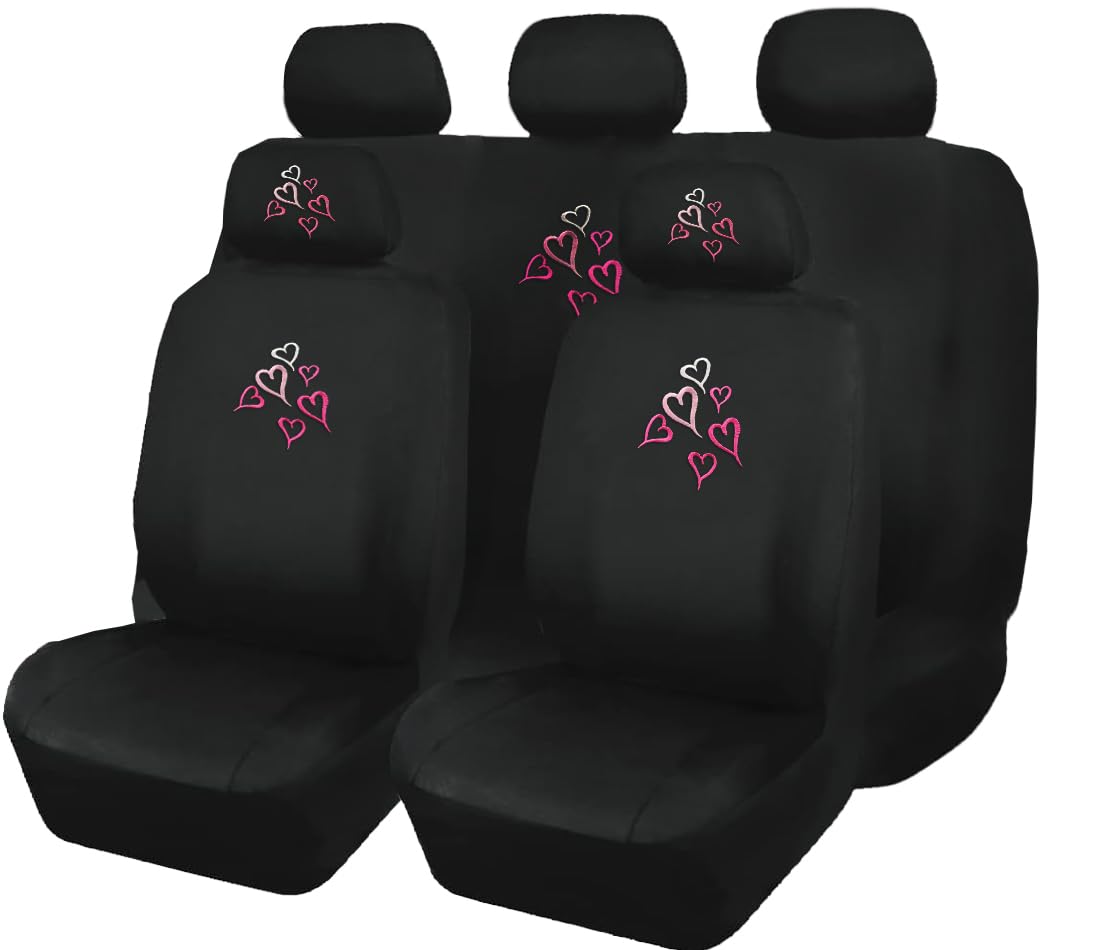 Universal Fit Car Seat Covers - Embroidered Love Multi Hearts Design, Premium Black Cloth Fabric, Front & Rear Split Bench Covers | Cute Stylish Car Accessories for Women - Yupbizauto