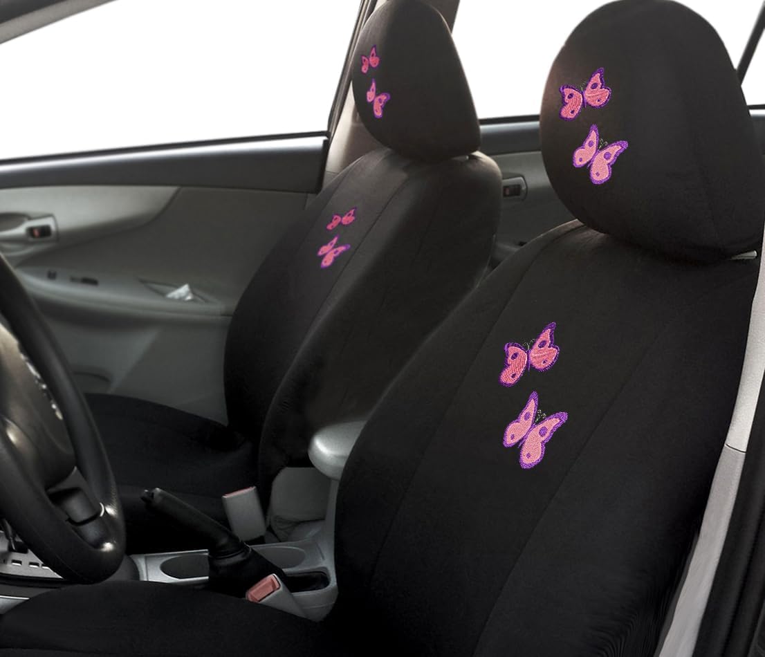 Universal Fit Car Seat Covers - Premium Black Flat Cloth with Stylish Cute Embroidery Butterfly Design, Front & Rear Set for 50/50 & 60/40 Split Rear Seats (Durable Protective Seat Cover) - Yupbizauto