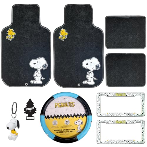 Peanuts Snoopy 9-Piece Car Set – Mats, Wheel Cover & Frames