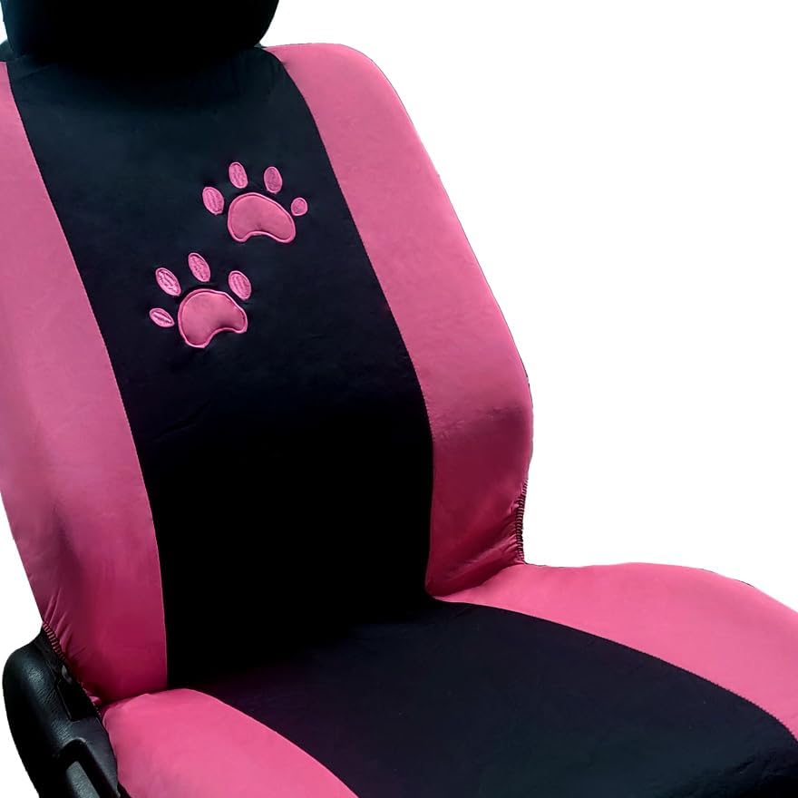Universal Fit Car Seat Covers - Premium Black Flat Cloth with Stylish Cute Embroidery Animal Dog Cat Pink Paws Design Full Set for Women Support 50/50 & 60/40 Split Rear Seats - Yupbizauto