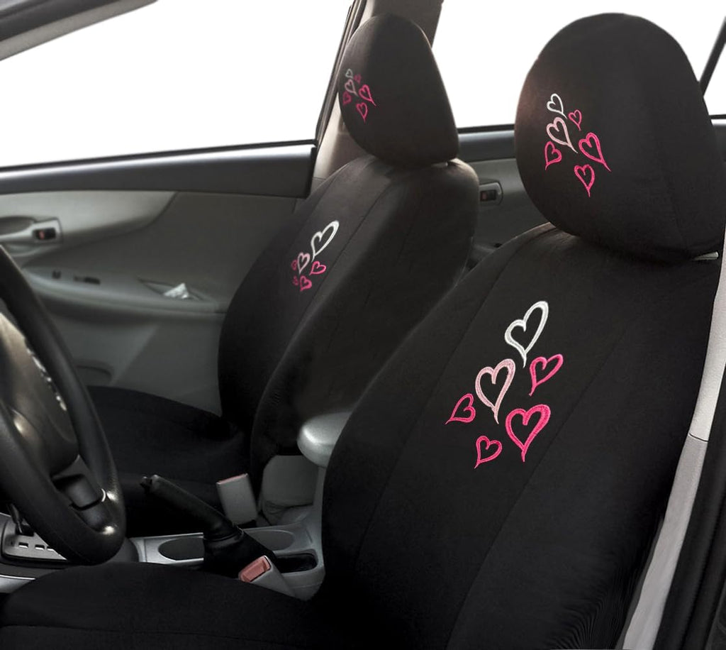 Universal Fit Car Seat Covers - Embroidered Love Multi Hearts Design, Premium Black Cloth Fabric, Front & Rear Split Bench Covers | Cute Stylish Car Accessories for Women