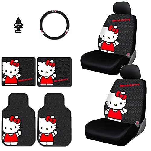 Yupbizauto 8 Pieces Hello Kitty Car Seat Cover with 4 Rubber Mats, Steering Wheel Cover and Air Freshener - Yupbizauto