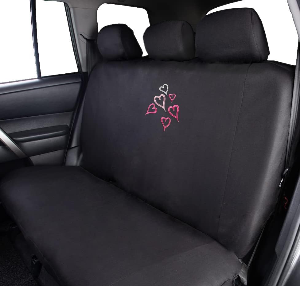 Universal Fit Car Seat Covers - Embroidered Love Multi Hearts Design, Premium Black Cloth Fabric, Front & Rear Split Bench Covers | Cute Stylish Car Accessories for Women