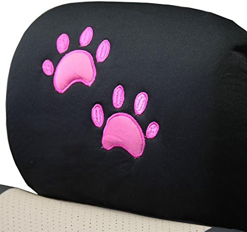 Universal Fit Car Seat Covers - Premium Black Flat Cloth with Stylish Cute Embroidery Animal Dog Cat Pink Paws Design Full Set for Women Support 50/50 & 60/40 Split Rear Seats - Yupbizauto