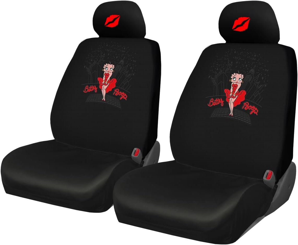 Plasticolor Betty Boop Skyline Front Low Back Car Seat Covers Bundle | Embroidered Kiss Headrest Covers | Stylish Protection for Cars | Universal Fit for Most Vehicles | Easy Installation