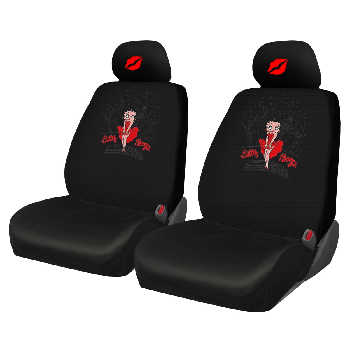 Plasticolor Betty Boop Skyline Front Low Back Car Seat Covers Bundle | Embroidered Kiss Headrest Covers | Stylish Protection for Cars | Universal Fit for Most Vehicles | Easy Installation - Yupbizauto