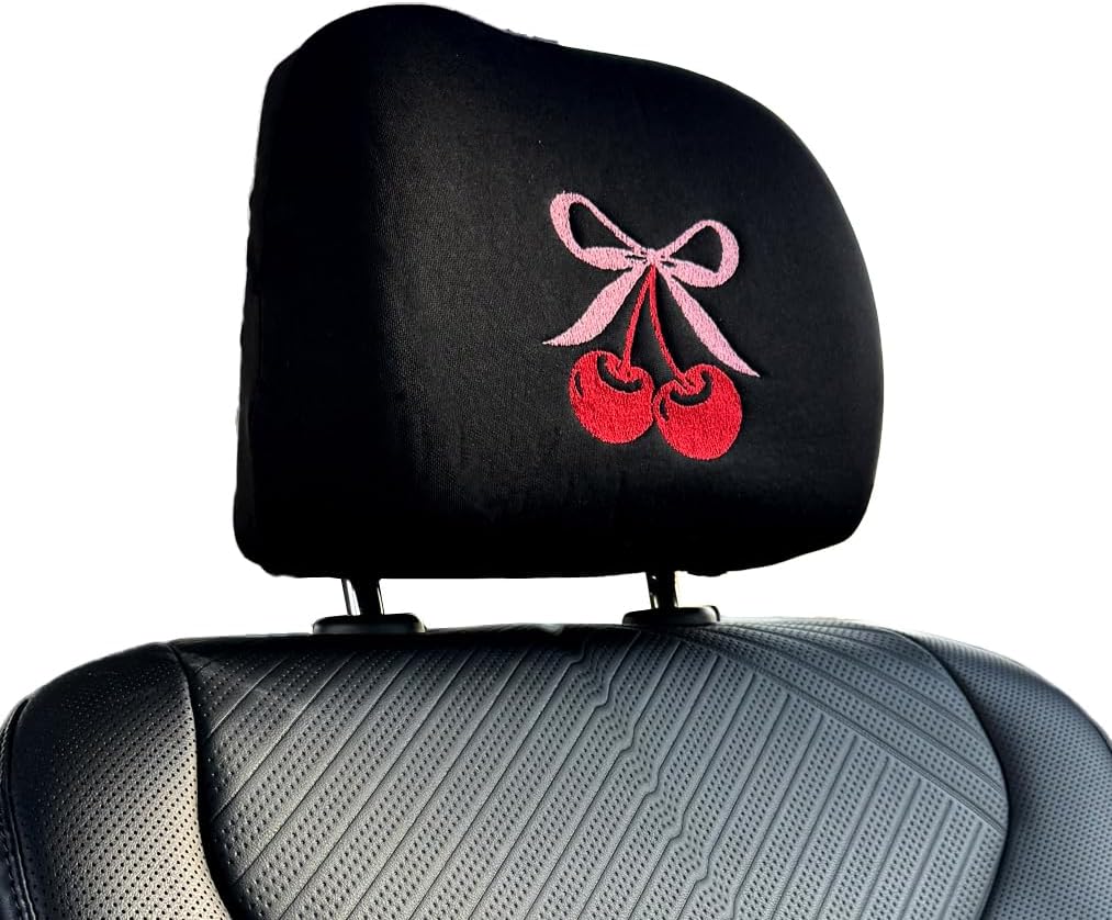 Coquette cherry bow embroidered headrest covers set of two