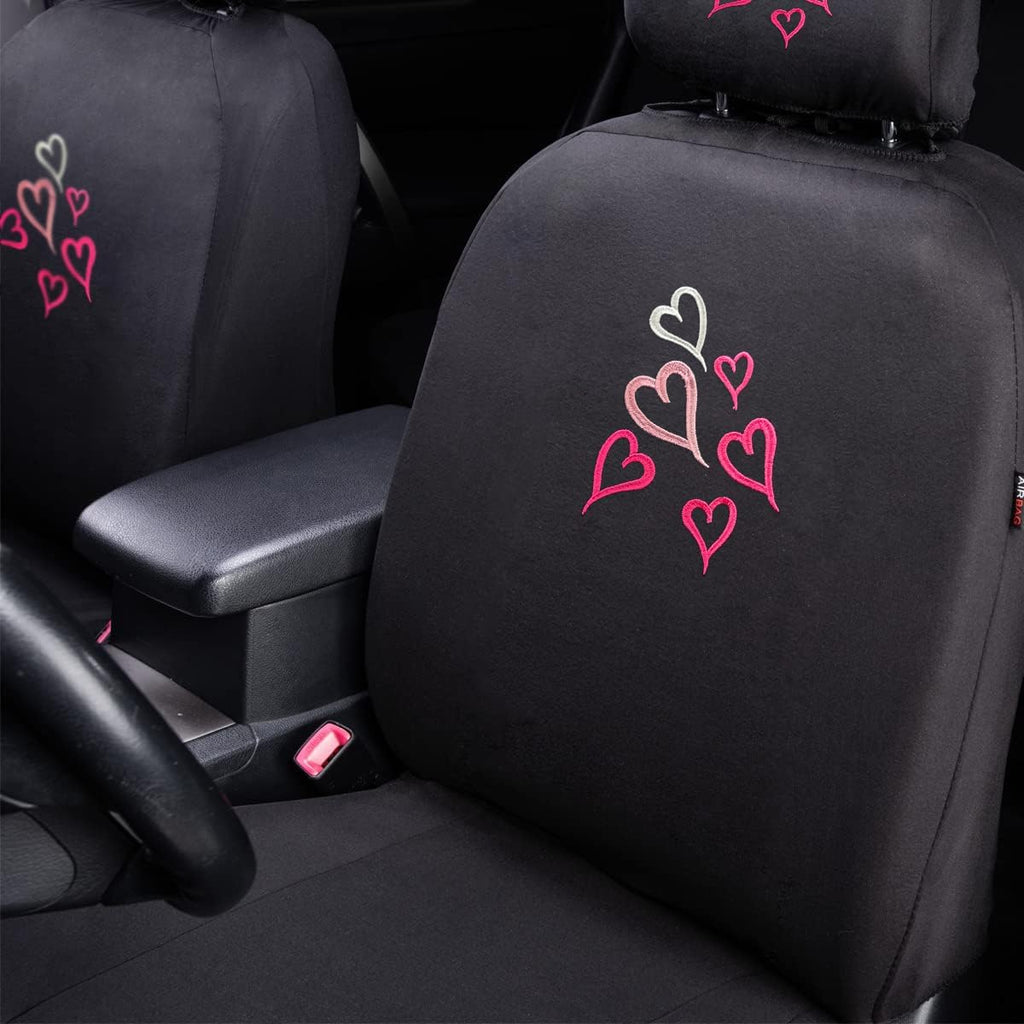 Universal Fit Car Seat Covers - Embroidered Love Multi Hearts Design, Premium Black Cloth Fabric, Front & Rear Split Bench Covers | Cute Stylish Car Accessories for Women