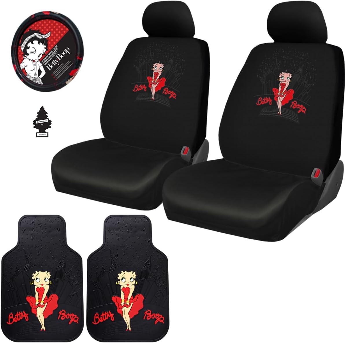 Platicolors Betty Boop Skyline Design Car Accessories Set New Seat Covers, Front Rubber Mats, Steering Wheel Cover Air Freshener Stylish Protection for Cars SUVs Trucks & Vans Idea