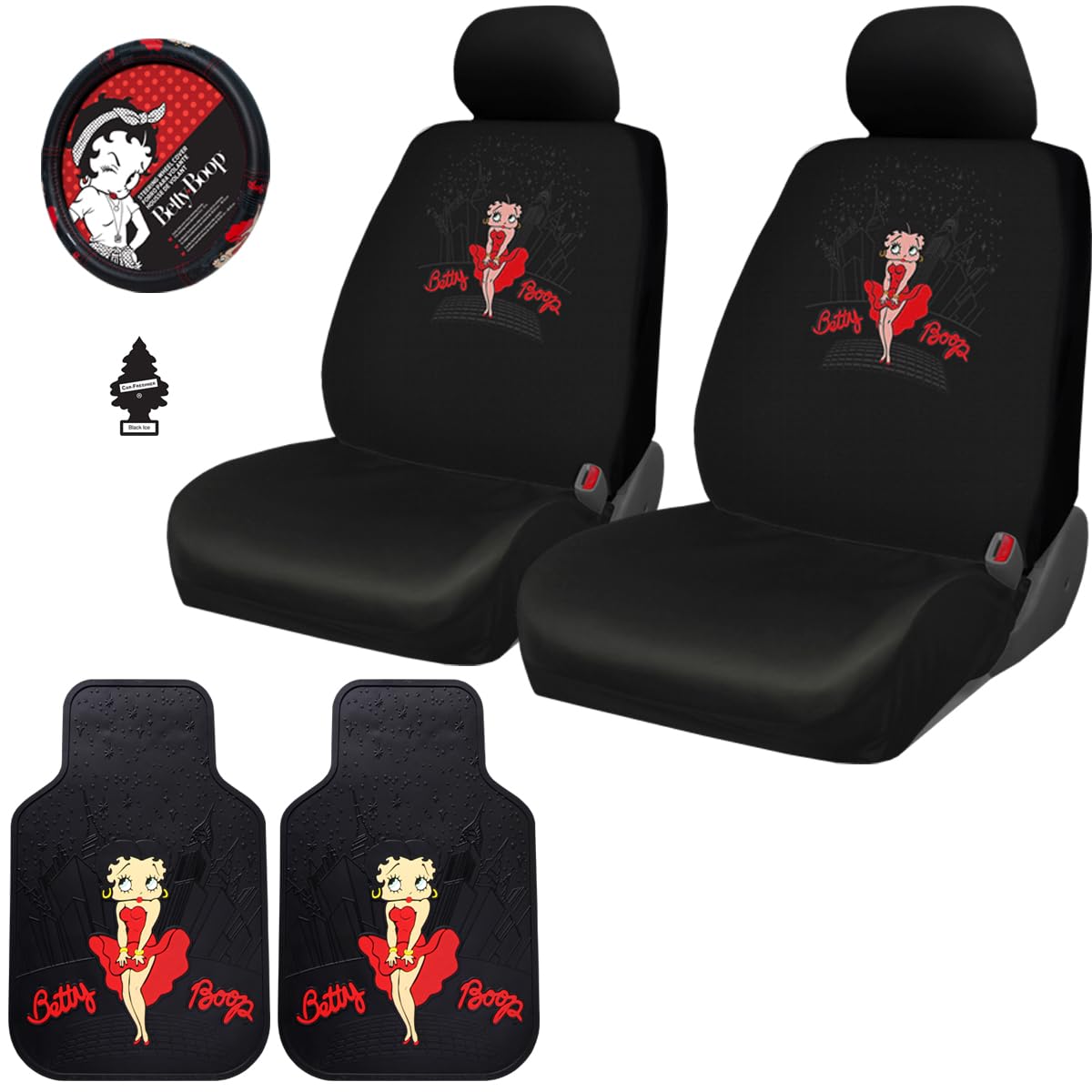 Platicolors Betty Boop Skyline Design Car Accessories Set New Seat Covers, Front Rubber Mats, Steering Wheel Cover Air Freshener Stylish Protection for Cars SUVs Trucks & Vans Idea