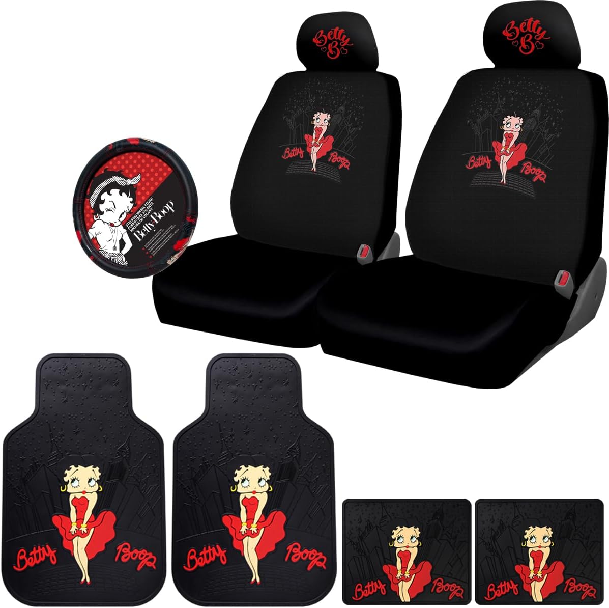 New Betty Boop Skyline Design Car Accessories Set New Seat Covers, Front and Rear Rubber Mats, Steering Wheel Cover Embroidered Headrest Covers Stylish Protection for Cars SUVs Trucks - Yupbizauto