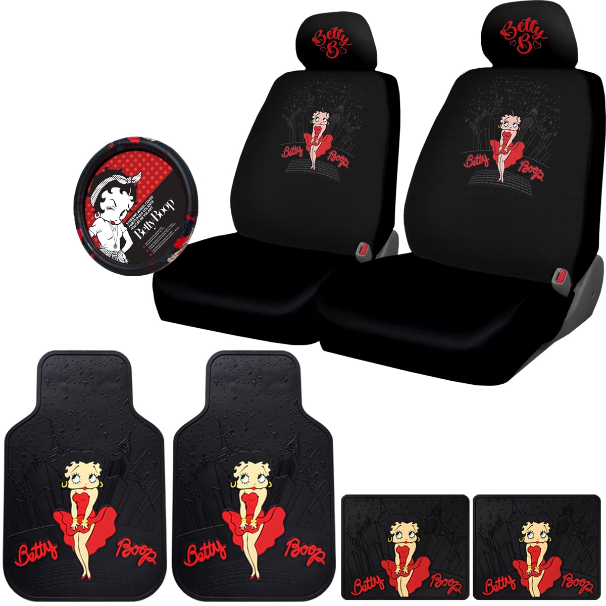 New Betty Boop Skyline Design Car Accessories Set New Seat Covers, Front and Rear Rubber Mats, Steering Wheel Cover Embroidered Headrest Covers Stylish Protection for Cars SUVs Trucks - Yupbizauto