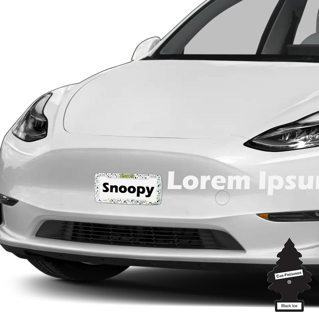 Snoopy Expression License Plate Frame Bundle with Little Tree Air Freshener – Plasticolor Peanuts Snoopy Design, Universal Fit Standard Car Plate Frame, Plastic - Yupbizauto