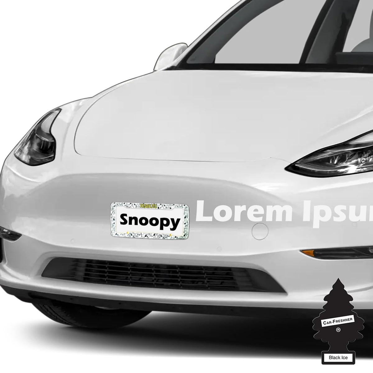 Snoopy Expression License Plate Frame Bundle with Little Tree Air Freshener – Plasticolor Peanuts Snoopy Design, Universal Fit Standard Car Plate Frame, Plastic - Yupbizauto