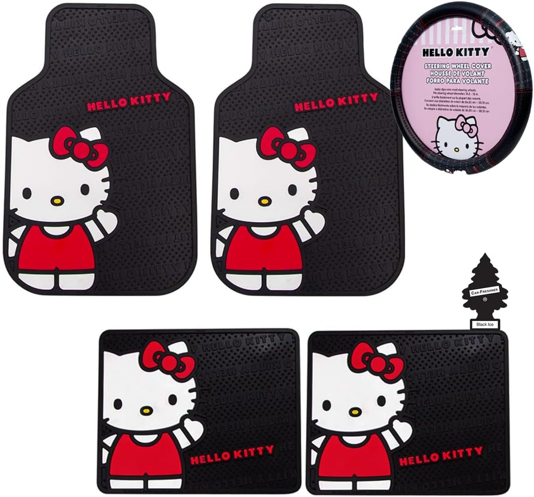 Hello Kitty Core Design Hot Pink Sanrio Front & Rear Car Truck SUV Seat Rubber Floor Mats and Steering Wheel Cover Bundle Set -6 PC - Yupbizauto