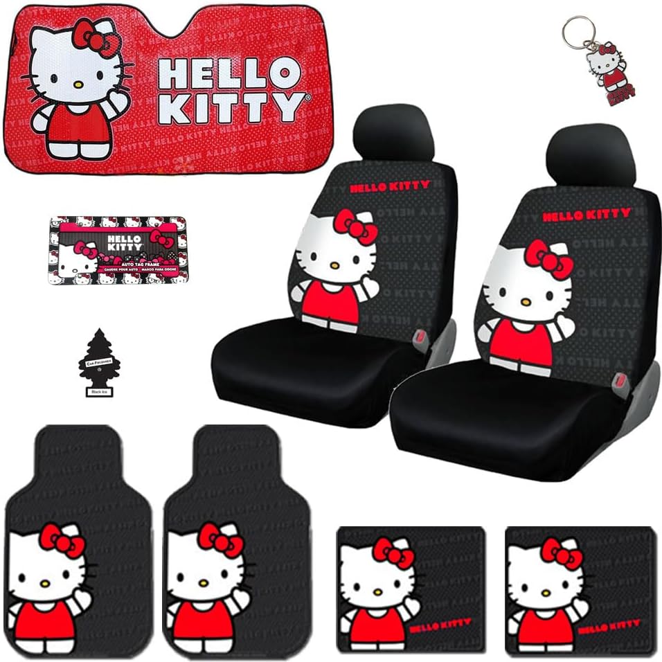 New 10PC Hello Kitty Core Auto Car Truck Seat Covers Floor Mats Accessories Interior Combo Kit Bundle Gift Set - Yupbizauto