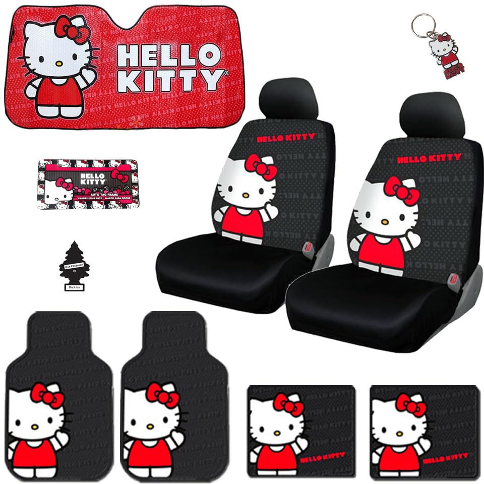 New 10PC Hello Kitty Core Auto Car Truck Seat Covers Floor Mats Accessories Interior Combo Kit Bundle Gift Set - Yupbizauto