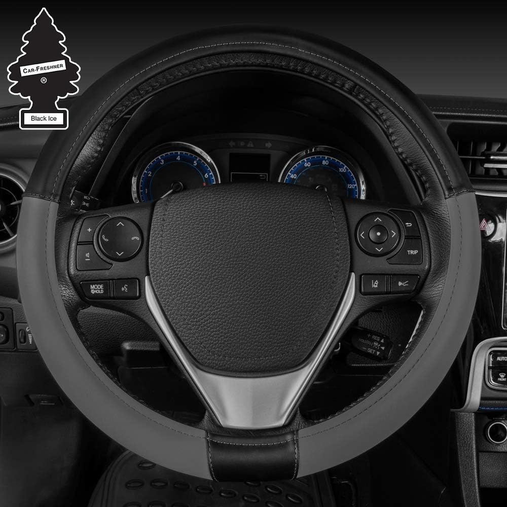 Caterpillar Two Tone Black and Grey Ergonomic Soft Leather Grip Car Steering Wheel Cover – Strong, Durable and Comfortable Universal Size 14.5-15.5 Inch Bundle Air Freshener 2221