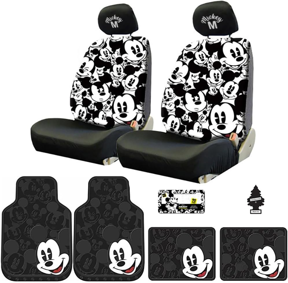 14PC Mickey Mouse Car Accessories Bundle Set | Car Seat Covers Embroidered Headrest Covers & Heavy Duty Floor Mats | Universal Fit for Cars Trucks, SUVs | Ideal for Men, Women Gift - Yupbizauto