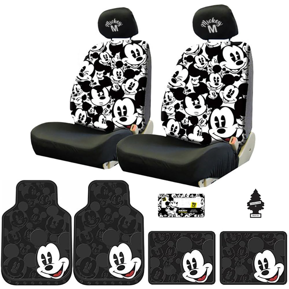 14PC Mickey Mouse Car Accessories Bundle Set | Car Seat Covers Embroidered Headrest Covers & Heavy Duty Floor Mats | Universal Fit for Cars Trucks, SUVs | Ideal for Men, Women Gift - Yupbizauto