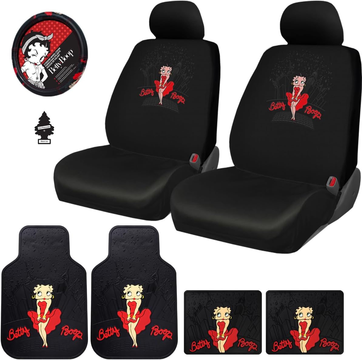Platicolors Betty Boop Skyline Design Car Accessories Set New Seat Covers, Front and Rear Rubber Mats, Steering Wheel Cover Air Freshener Stylish Protection for Cars SUVs Trucks & Vans - Yupbizauto