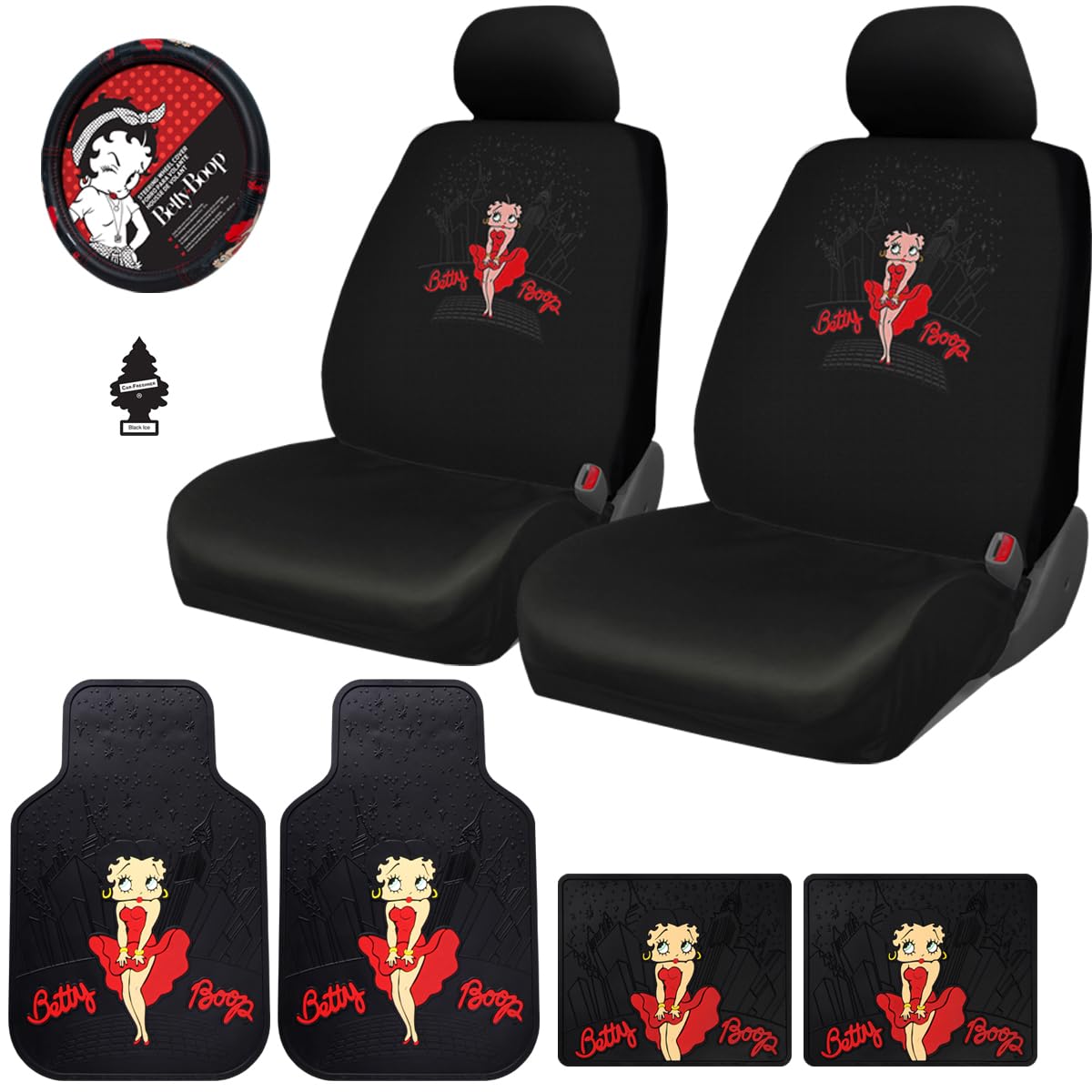 Platicolors Betty Boop Skyline Design Car Accessories Set New Seat Covers, Front and Rear Rubber Mats, Steering Wheel Cover Air Freshener Stylish Protection for Cars SUVs Trucks & Vans - Yupbizauto