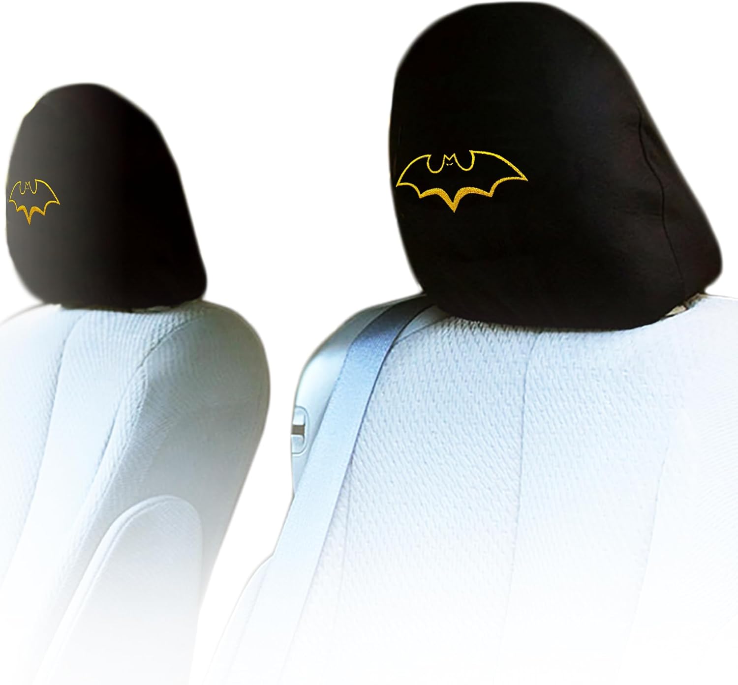Black Fabric Car Headrest Covers with Embroidery Bat Design Universal Fit Seat Headrest Protectors 1 Pair Stylish, Durable Car Accessories for Interior Upgrade - Yupbizauto