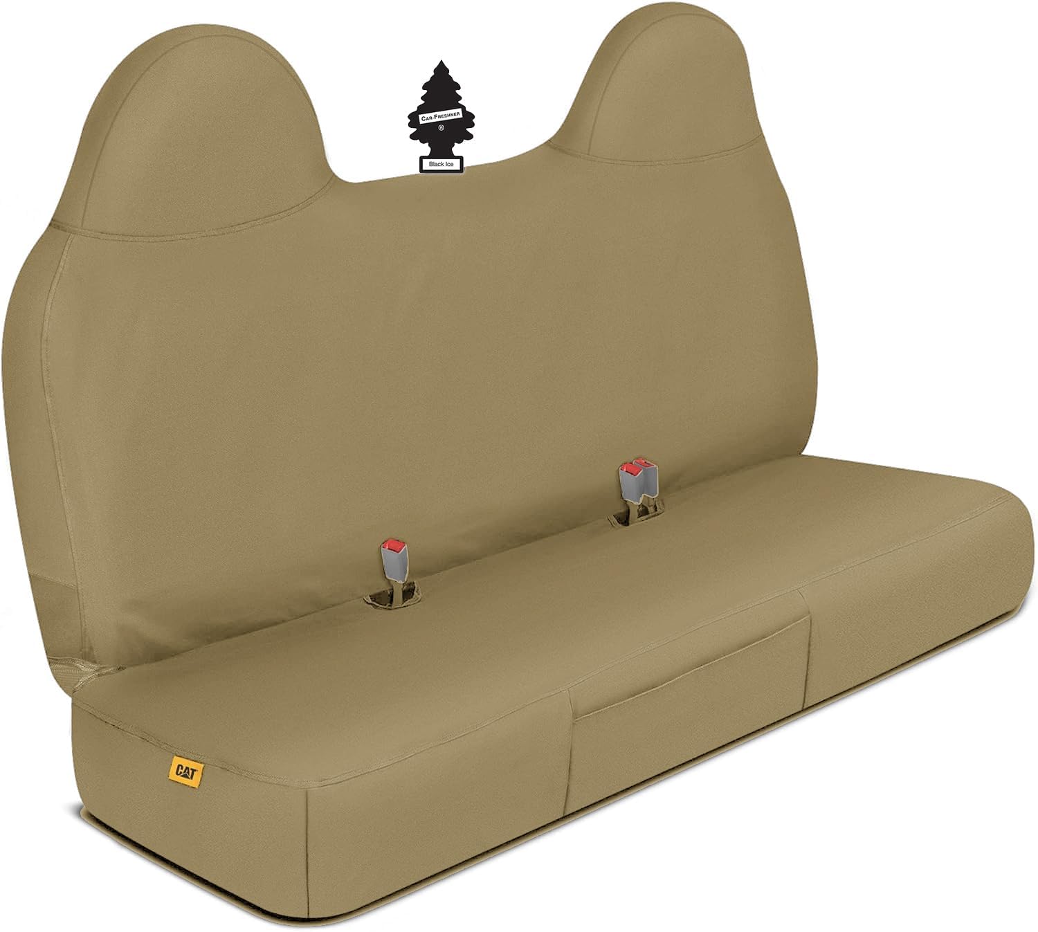 Caterpillar Custom Fit Front Beige Bench Seat Cover with Utility Pockets for Ford F250 / F350 / F450 / F550 (1999-2007) - Durable Beige Oxford Super Duty Interior Truck Seat Cover Bundle - Yupbizauto