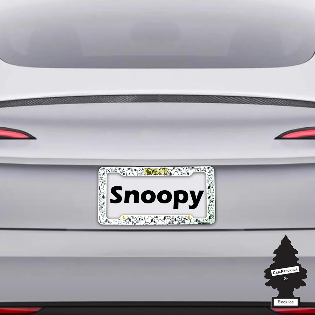 Snoopy Expression License Plate Frame 2 Pack Bundle with Little Tree Air Freshener – Plasticolor Peanuts Snoopy Design, Universal Fit Standard Car Plate Frames, Plastic - Yupbizauto