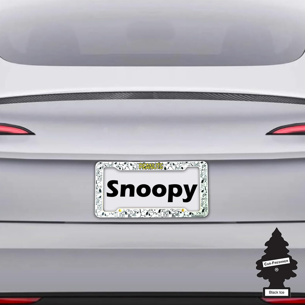 Snoopy Expression License Plate Frame Bundle with Little Tree Air Freshener – Plasticolor Peanuts Snoopy Design, Universal Fit Standard Car Plate Frame, Plastic - Yupbizauto