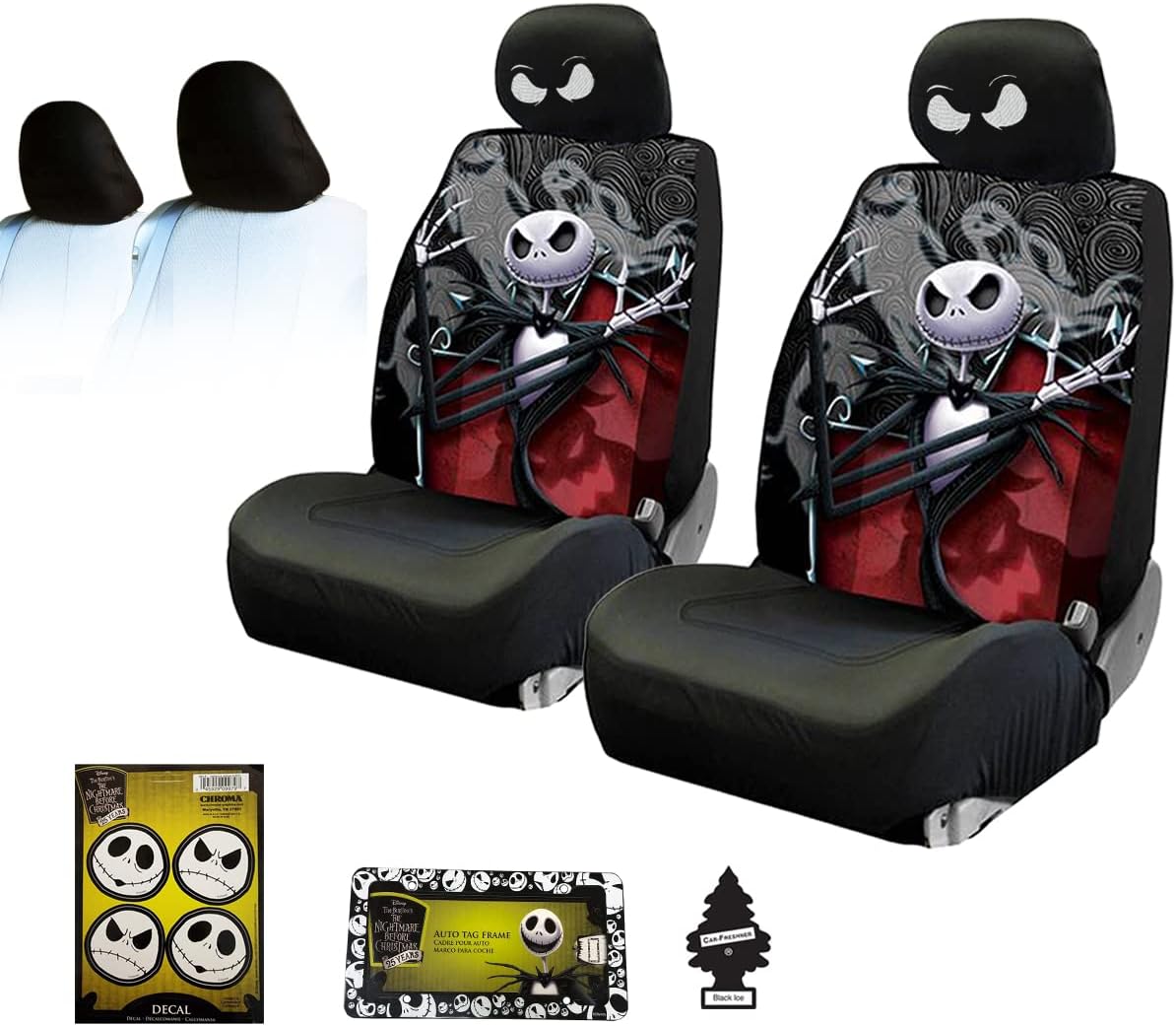 Plasticolor Nightmare Before Christmas Jack Skellington Car Truck SUV Seat and Headrest Covers Bundle Set with Front Seat Protector, Auto Accessories, Halloween Decor, Universal Fit, Black - Yupbizauto