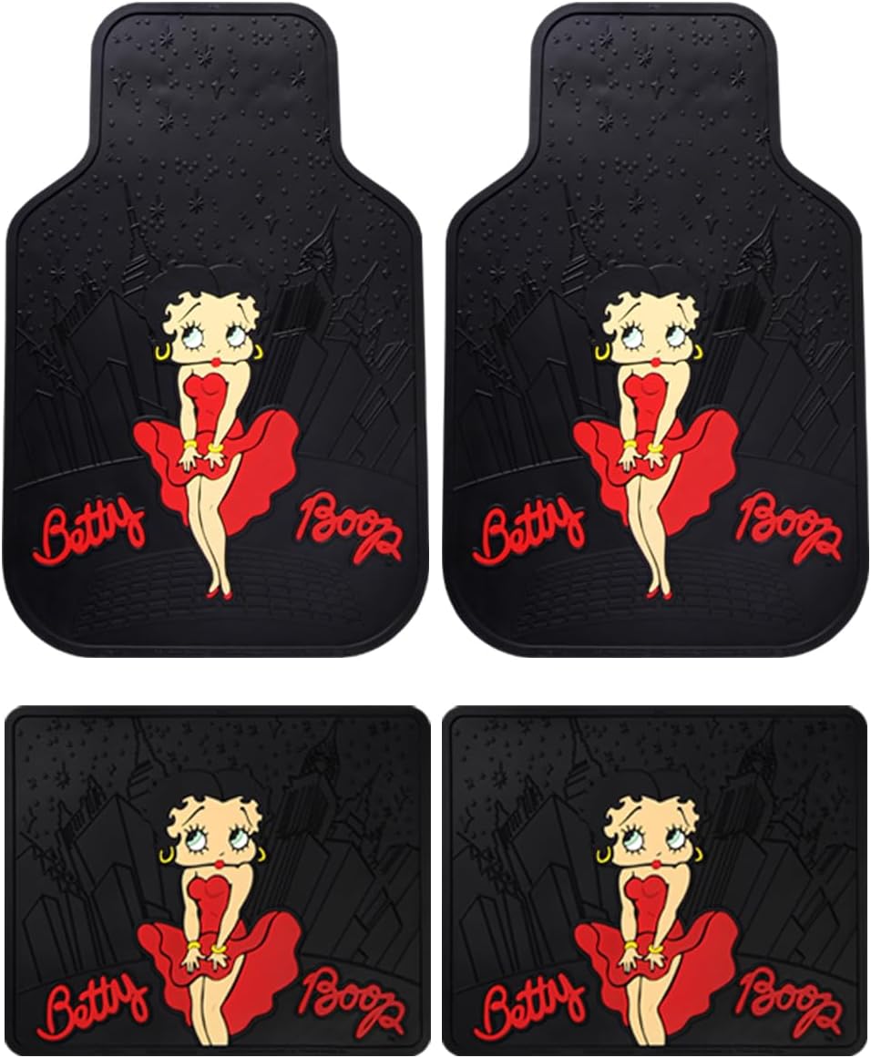 Platicolors Betty Boop Timeless Design Car Accessories Bundle Set New Seat Covers, Front and Rear Rubber Mats, Steering Wheel Cover Sun Shade Air FreshenerProtection for Cars SUVs Trucks & Vans - Yupbizauto