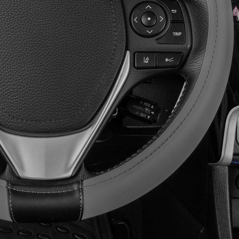 Caterpillar Two Tone Black and Grey Ergonomic Soft Leather Grip Car Steering Wheel Cover – Strong, Durable and Comfortable Universal Size 14.5-15.5 Inch Bundle Air Freshener 2221