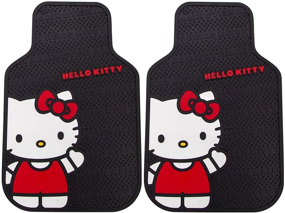 Hello Kitty Core Design Hot Pink Sanrio Front & Rear Car Truck SUV Seat Rubber Floor Mats and Steering Wheel Cover Bundle Set -6 PC - Yupbizauto