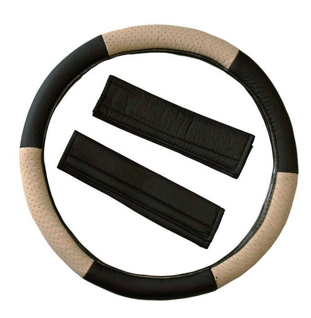 Yupbizauto 15" Car Steering Wheel Cover Selection 1 Set (PU Leather Black/Tan)