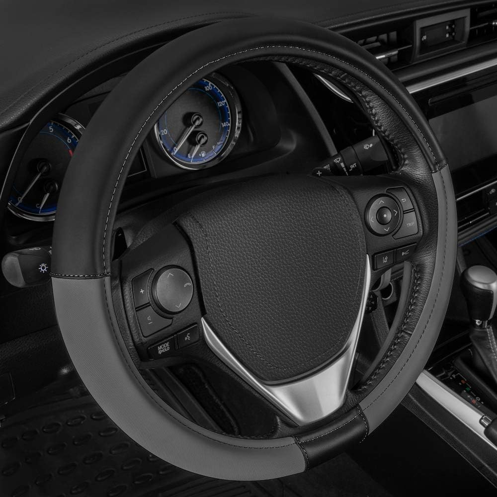 Caterpillar Two Tone Black and Grey Ergonomic Soft Leather Grip Car Steering Wheel Cover – Strong, Durable and Comfortable Universal Size 14.5-15.5 Inch Bundle Air Freshener 2221