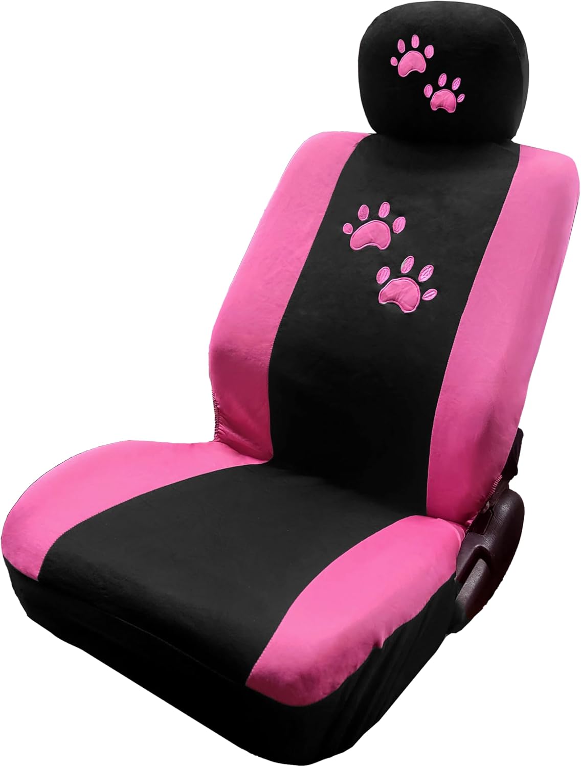 Universal Fit Car Seat Covers - Premium Black Flat Cloth with Stylish Cute Embroidery Animal Dog Cat Pink Paws Design Full Set for Women Support 50/50 & 60/40 Split Rear Seats - Yupbizauto